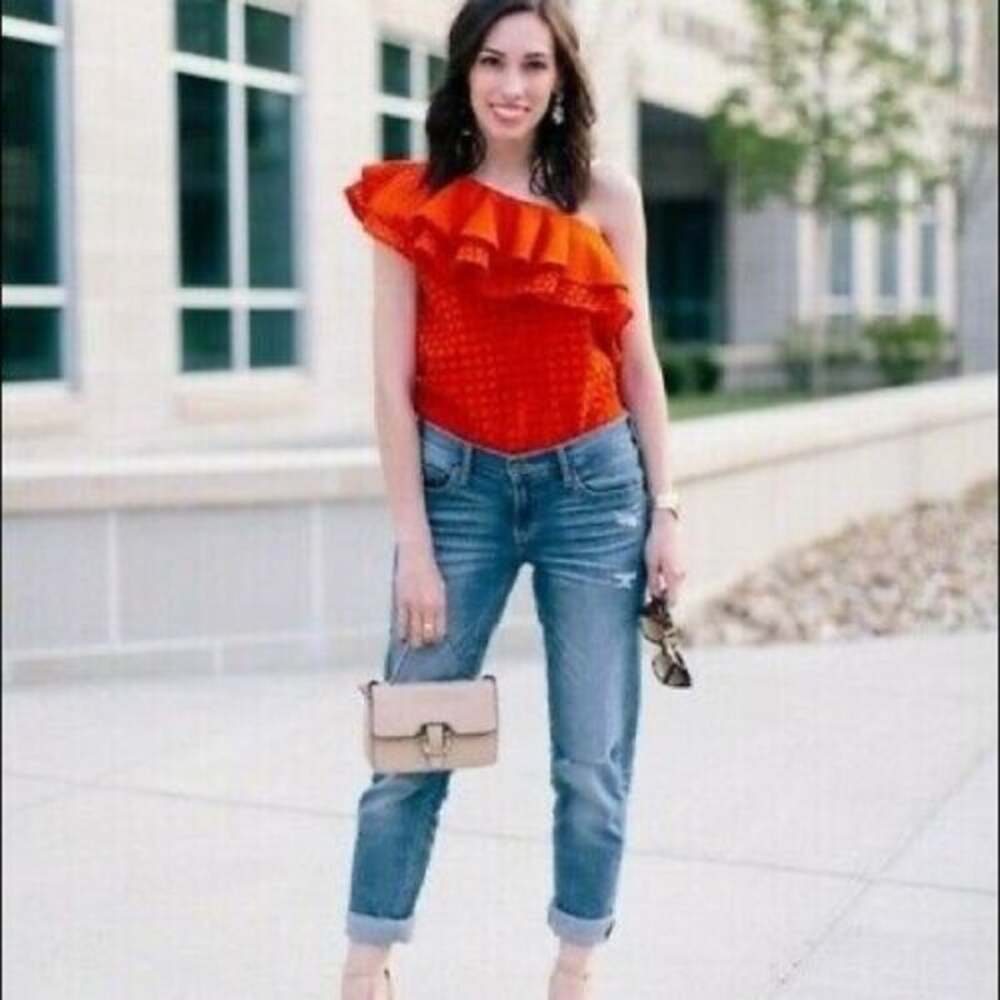 J. Crew One Shoulder Eyelet Lined Ruffle Top Red Orange Size 2 EUC